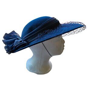 Vtg Betmar Veiled Derby Hat Womens Navy Wide Brim Formal Hatinator Fascinator